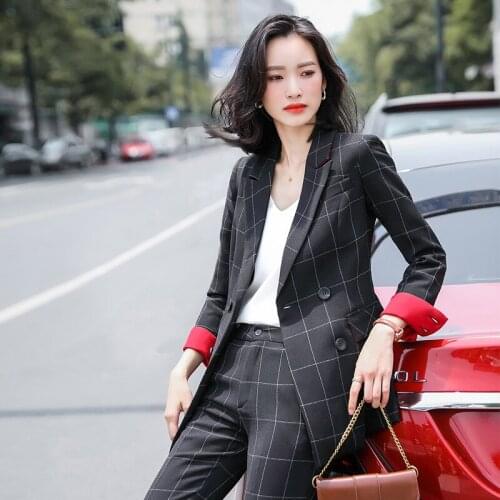 IZICFLY Spring Autumn New Black Plaid Woman Pant Suits Uniform Two Piece Ladies Elegant Business Trouser And Blazer Set Beige