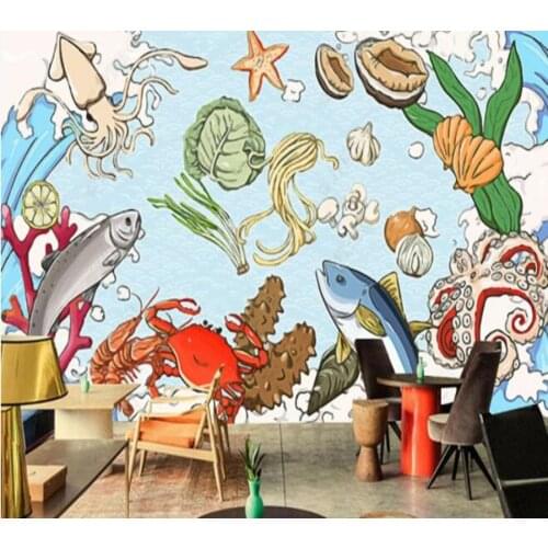 Papel de parde Hand-painted seafood theme fish lobster crab hot pot grilled fish shop 3d wallpaper,beer house kitchen mural