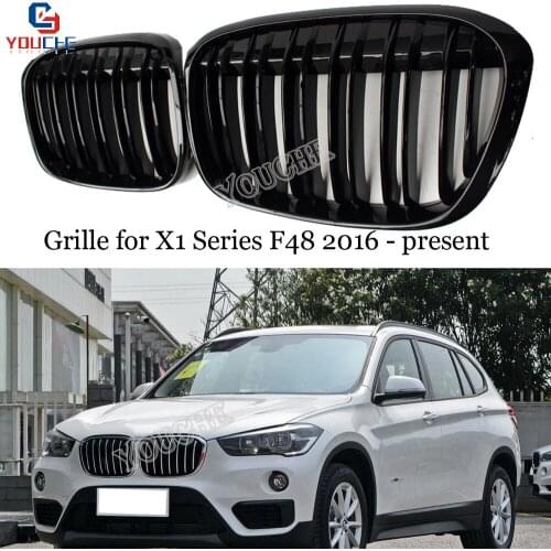 F48 Dual Slat ABS Carbon Fiber Front Kidney Grills for BMW X1 Series F48 5-door SUV 2016 + Gloss M Color Black Grille Mesh