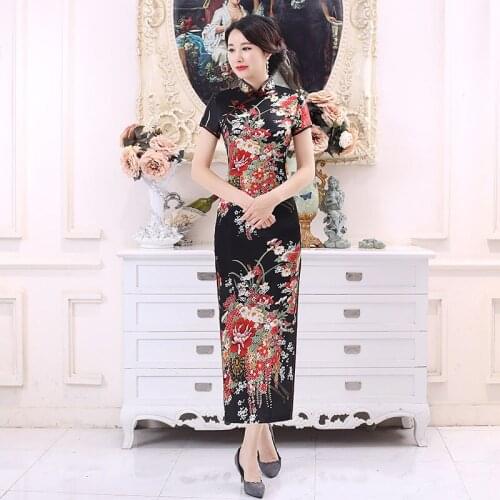 Black Plus Size 6XL Chinese Lady Sexy Short Sleeve Cheongsam Long Qipao Traditioanl Casual Dress For Women Mandarin Collar Dress
