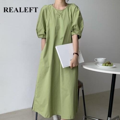 REALEFT 2021 Vintage Dress for Women Casual Loose Elegant Solid Color Bubble Sleeve Round Collar Ladies Casual Dresses Summer