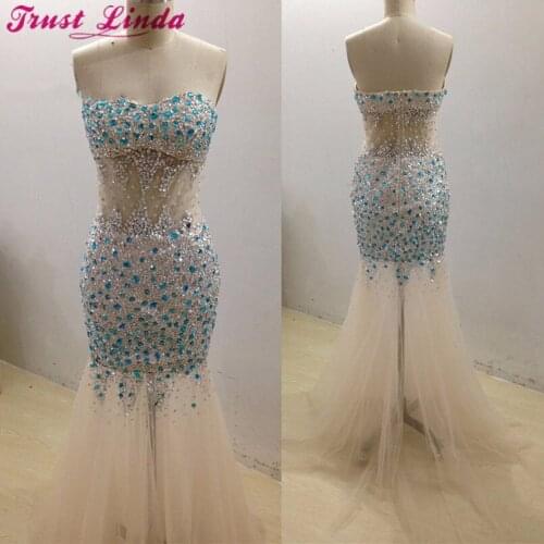 Sexy Rhinestone Beaded Mermaid Bridesmaid Dresses Sweetheart Champagne Tulle Long Prom Dress