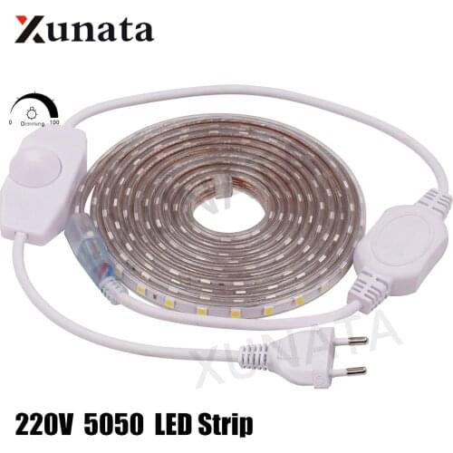 220V LED Strip IP67 Waterproof Outdoor Lighting SMD 5050 60 LEDs/m Ribbon Tape Flexible LED Light Lamp With EU Dimmer Plug