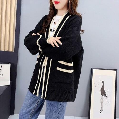 Kintted Double Pocket Cardigan Women Clothing V-Neck Long-Sleeve Sweater Color Contrast Splice Cardigan Ladies Loose Casual Top