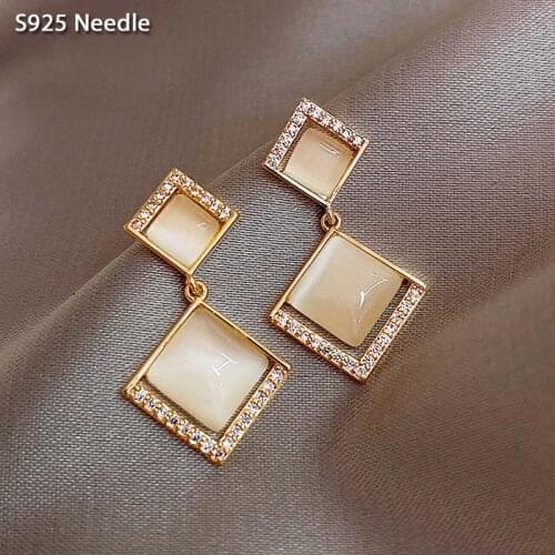 925 Sterling Silver Needle Dangle Drop Earrings for Women Jewelry Gold Square Opal Cats Eyes Vintage Female Earrings Bijoux