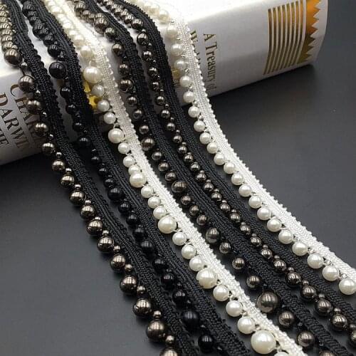 2Yards White Black Pearl Beaded Lace Trim Tape Lace Ribbon African Lace Fabric Collar Dress Sewing Garment Headdress Materials