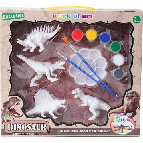 4pcs DIY 3D Painting Water Drawing Dinosaurs Figurines Graffiti Toys Set with Color Paint Brushes Palette for Kids Children Gift