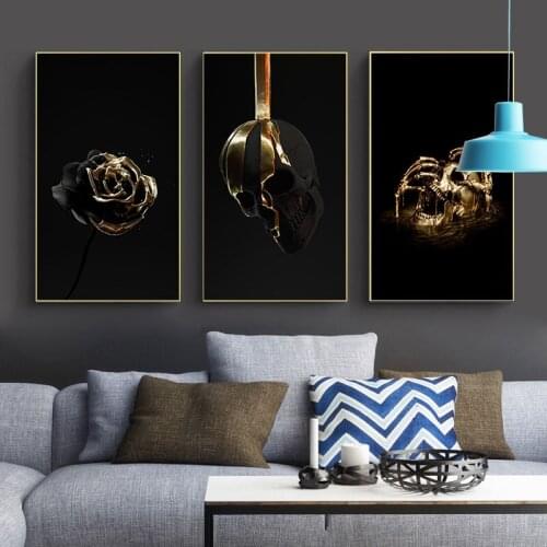 Abstract Black Gold Art Posters and Prints Golden Paint Drip on Skull Rose Canvas Painting Wall Art for Living Room Home Decor