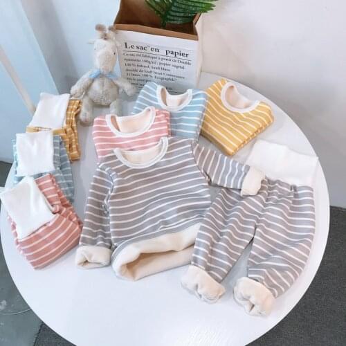 Baby Clothes Winter Plus Velvet Thick Warm Clothing Suit Boys and Girls Home Service Pajamas High Waist Striped Two-piece Suit