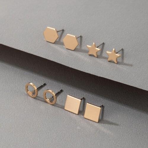 Docona 4pairs/set Punk Gold Geometric Earrings Set for Women Simple Star Circle Metal Alloy Earring Ladies Jewelry Cерьги