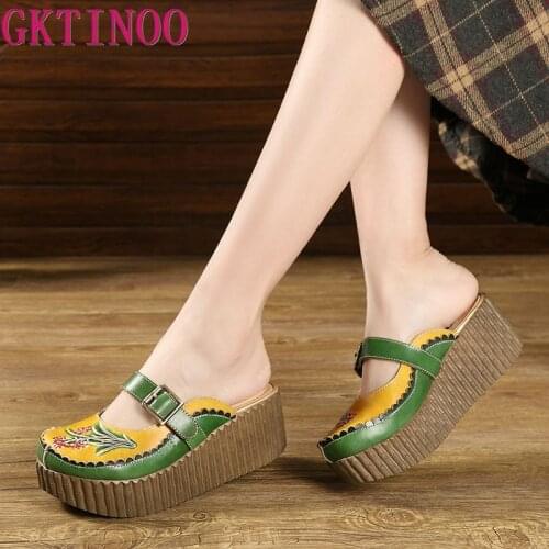 GKTINOO 2020 Wedge Slides Shoes Women Cover Toes Buckle Flower Cut Out Summer Female Genuine Leather Platform Slippers