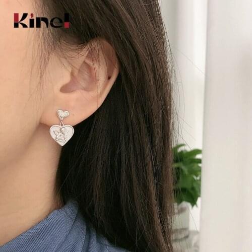 Kinel Genuine 100% Silver 925 Jewelry Love Heart Angel Sculpture Stud Earrings for Women Girls Wedding Party Gift