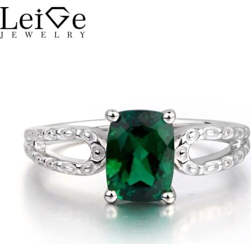 Leige Jewelry Lab Emerald Green Color Gemstone Cushion Cut Anniversary Rings May Birthstone 925 Sterling Silver