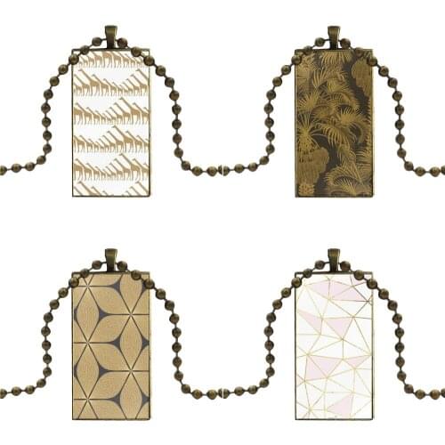 Metallic Gold Geometric Trellis Pattern For Women Girls Glass Cabochon Pendant Necklace Rectangle Fashion Necklace