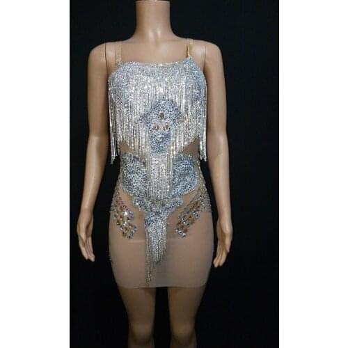 Fashion Sexy Silver Crystals Tassel Mesh Dress Prom Celebrate Fringes Dress Bar Evening Women Dancer Rhinestones Dress
