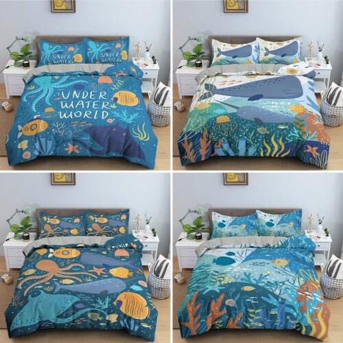Sea Animals Duvet Cover Set Cartoon Pattern Bedding Set Underwater World Comforter Cover With Pillowcase Full King Queen 2/3 PCS