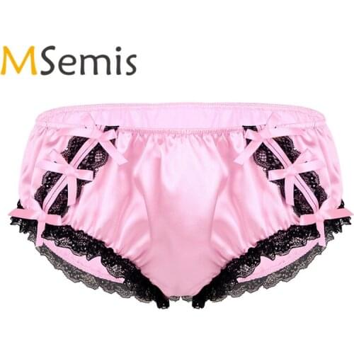 Mens Sissy Lingerie Sissy Panties Men Gay Underwear Shiny Soft Ruffled Floral Lace Sissy Satin for Men Low Rise Bikini Briefs