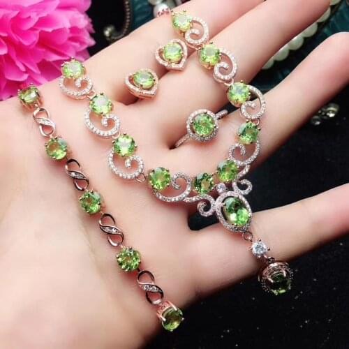 Natural Peridot jewelry sets for Women Genuine Gemstone Flower Vine Necklace/Ring/earrings/Bracelet party S925 silver #134