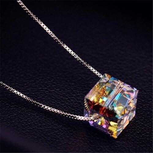 Charming Woman Silver Plated Necklace Colorful Square Crystal Aurora Sugar Clavicle Chain Choker