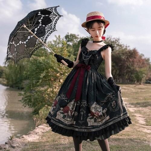 Nightingale and rose original design dark black Japanese two-dimensional gothic print Lolita full set of sling dress