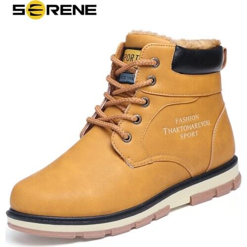 SERENE Brand Men Boots Autumn Winter Warm Fur Shoes Plus Size 39~46 Fashion Casual Leather Boots 4 Colors Lace-up Boots Safety