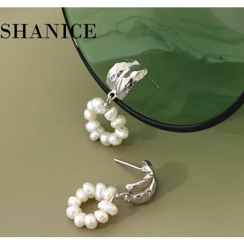 SHANICE 100% Real Pure 925 Sterling Silver Retro temperament baroque Freshwater Pearls Flower Wreath Stud Earrings for Women
