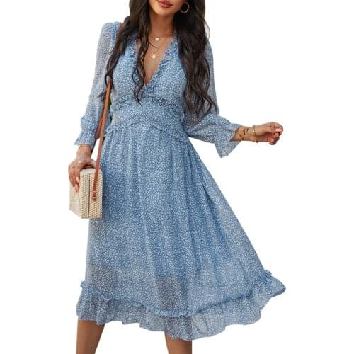 Chic Floral Print Women Chiffon Dress Fashion Ruffle Deep V-neck High Waist Maxi Dress Elegant Ladies Spring Autumn Long Dresses