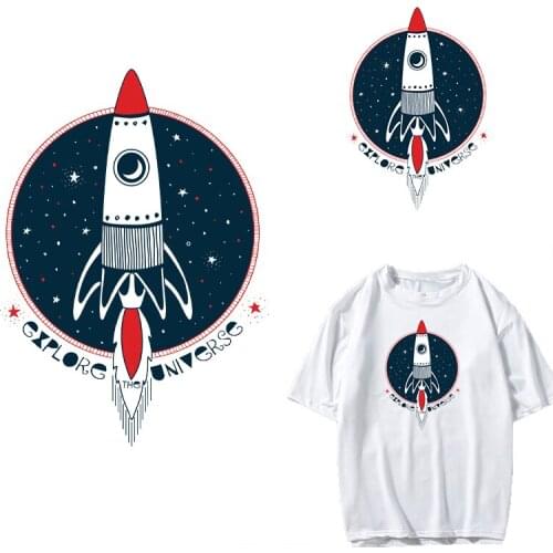 Cartoon Rocket Thermal Patch Space Heat Transfer Patches Planet Iron on Transfers For Clothing Stickers for Clothes Stripe Decor
