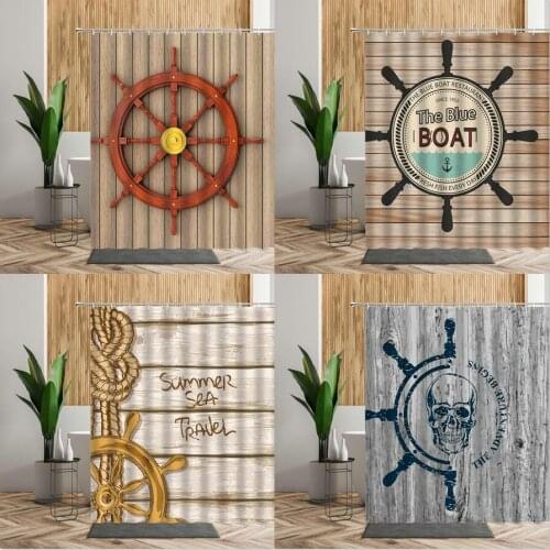 Retro Ship Rudder Wooden Shower Curtain Skull Wood Stripe Helm Printed Bathroom Decor Waterproof Screen For Bath Fabric Curtains