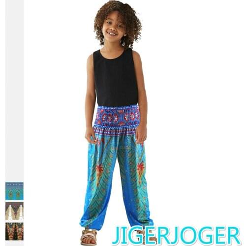 JIGERJOGER Thin summer peacock feather printed high rise thais style Childrens pants matching loose bloomers lounge beach pant