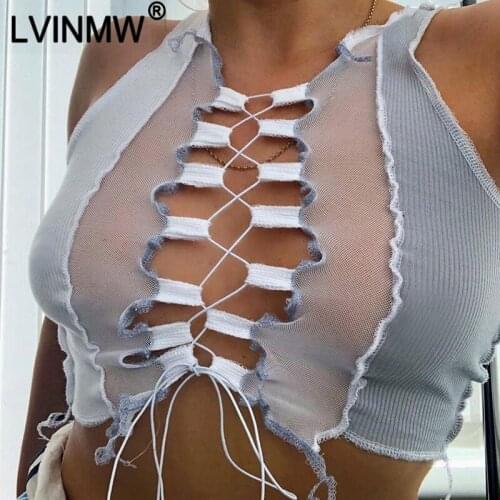 LVINMW Sexy knitted Lace Patchwork Bandage Cross Slim Crop Top 2020 Winter Women Sleeveless Skinny Tank Top Female Party Club