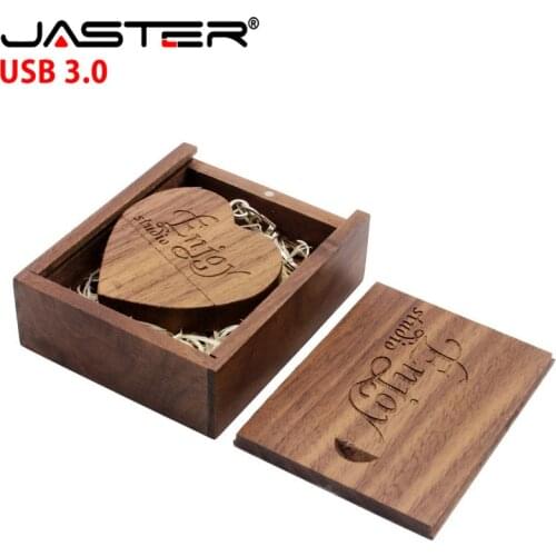 JASTER USB 3.0 custom Logo Wooden Heart + BOX Memory Stick Pen Drive 4gb 16gb 32gb 64GB Logo customized Wedding Gift high speed