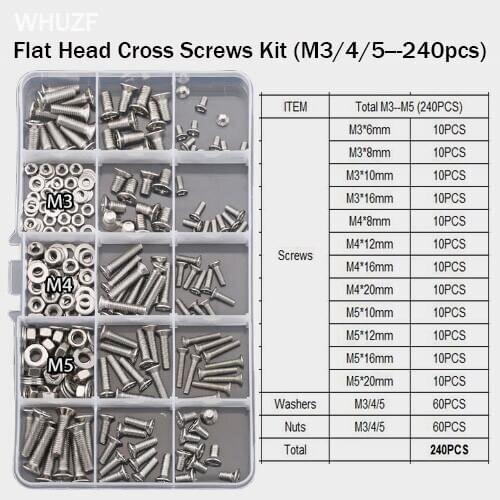 WHUZF M3 M4M5 Phillip Flat Head Machine Screw Metric Thread Cross Countersunk Bolt Nut Washer Assortment Kit Set Stainless Steel