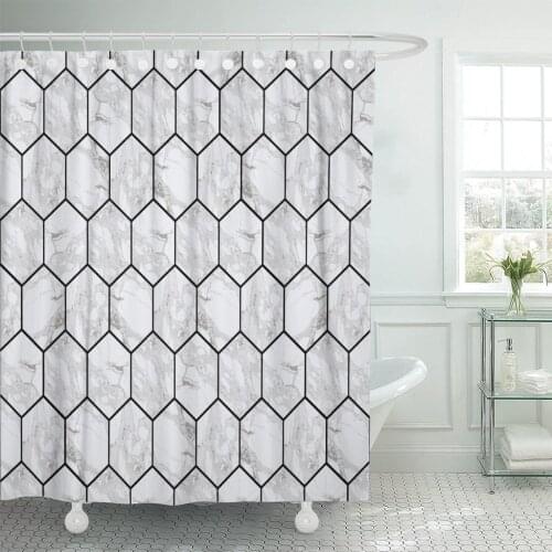 Hexagon Marble Tiles with Black Grout Stone Shower Curtain Polyester Fabric 72 x 72 Inches Set with Hooks