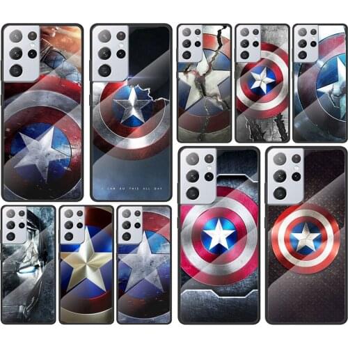 Avengers Shield Marvel for Samsung Galaxy S21 Ultra Plus A72 A52 4G 5G M51 M31 M21 Luxury Tempered Glass Phone Case Cover