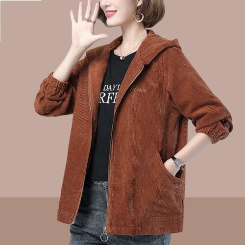 Large size Corduroy Jacket Female 2021 Spring Autumn New Korean Loose Hooded Coat Short Women Warm Solid Windbreaker Casual Tops