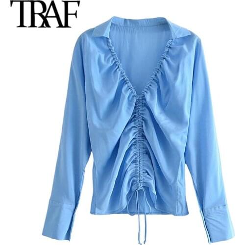 TRAF Women Fashion With Drawstring Pleats Fitted Blouses Vintage V Neck Long Sleeve Female Shirts Chic Tops