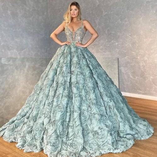 2021 Stylish Prom Dresses with Flowers Long Train Spaghetti Straps Beading Evening Gowns Women Formal Party Wear