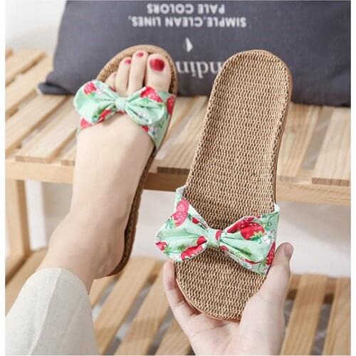 FAYUEKEY Women Slippers Summer Home Shoes Fashion Floral Bow Casual Slides Ladies Flax Slippers Woman Sandals Linen Flip Flops