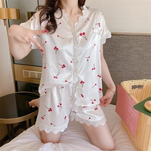 Women Summer Pajamas Set Ice Silk Short Pajama Lace Sleepwear Homewear Female Lounge Home Shorts Sleeve Two-piece Pajamas Pj Set