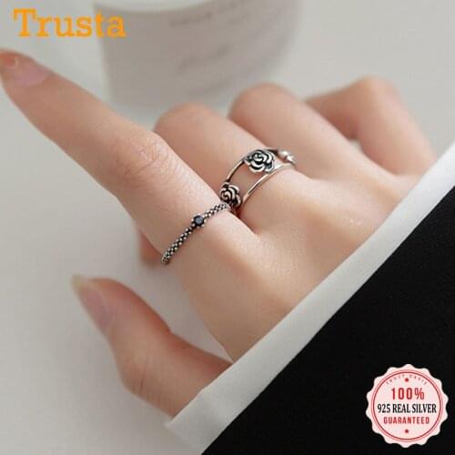 Trustdavis Real 925 Sterling Thai Silver Fashion Flower Black CZ Opening Ring For Women Wedding Party Fine S925 Jewelry DB1369