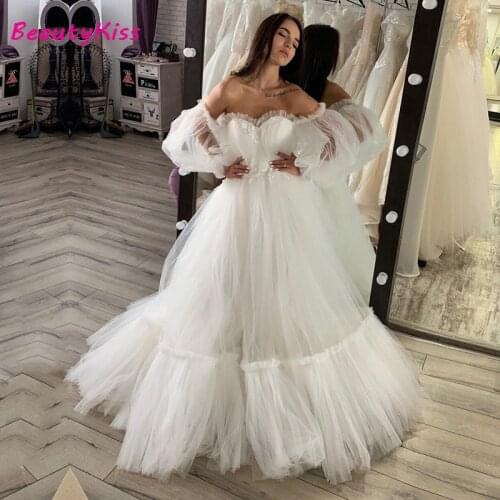 Princess Wedding Dress Bohemian Sweetheart Pleats Puffy Sleeves A-Line Tulle Wedding Gown Bride vestidos de novia 2021