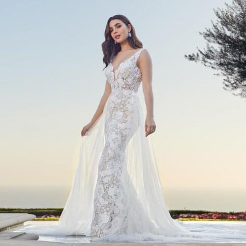 2 Pieces Mermaid Wedding Dresses With Removable Train Vestido De Novia Sirena V-neck Backless Lace See Through Shiny Gowns