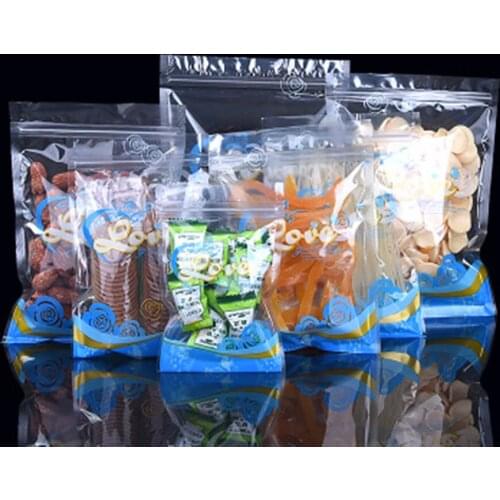 1000Pcs Blue Printing Clear Plastic Zip Lock Food Storage Bag Zipper Heat Sealing Reclosable Dry Fruit Beans Retail Package Bag