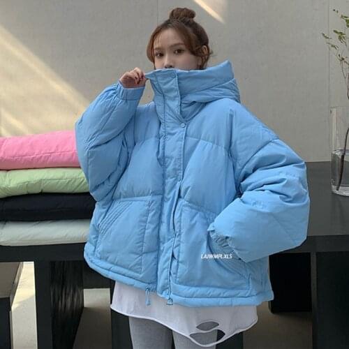 2021 New Autumn Winter Coat Warm Cotton-padded Womens Jackets Long Sleeve Candy Color Single Breasted Hooded Coats Ladies