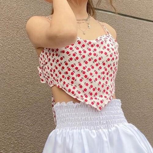 2021 Sexy Ladies Summer Irregular Hem Camisole, Girls Sweet Style Floral Printing Sleeveless Top Slim Midriff-baring Base Shirt
