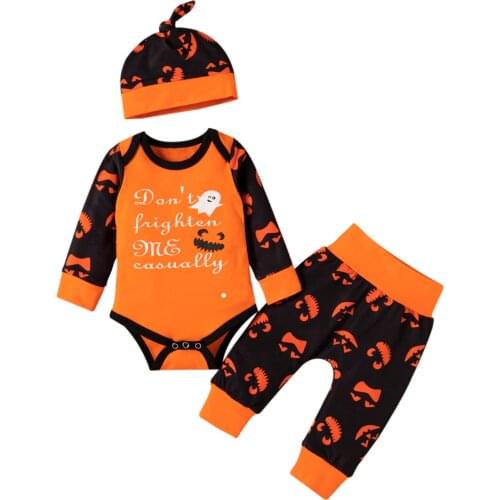 2021 Halloween Newborn Baby Boy Girl Long Sleeve Cotton Bodysuit Tops Print Long Pant Hat 3PCS Baby Clothing Set