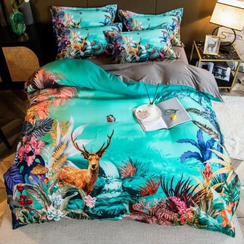 400TC Cotton Sateen Vibrant Tropical Leaves Deer printed Full Queen 4Pcs Luxury Soft Bedding Set with Bed Sheet Pillowcases