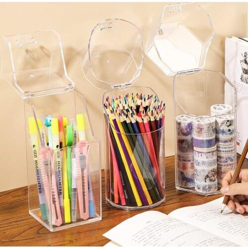 Acrylic Stationery Storage Box Pen Pencil Holder Makeup Brushes Organizer Clear Washi Tape Storage Box School Office Supplies