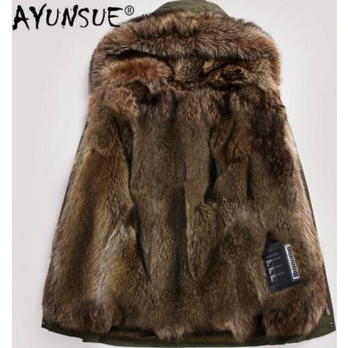AYUNSUE Real Fur Coat Men Parka Long Winter Jacket Natural Raccoon Fur Liner Warm Luxury Jackets Parkas Hombre 81716 KJ2442